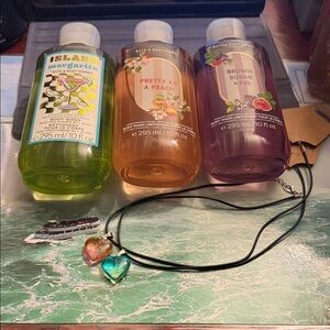 Bath & Body Works Trio: Green, Orange, and Purple Shower Gels w 2 Necklaces
